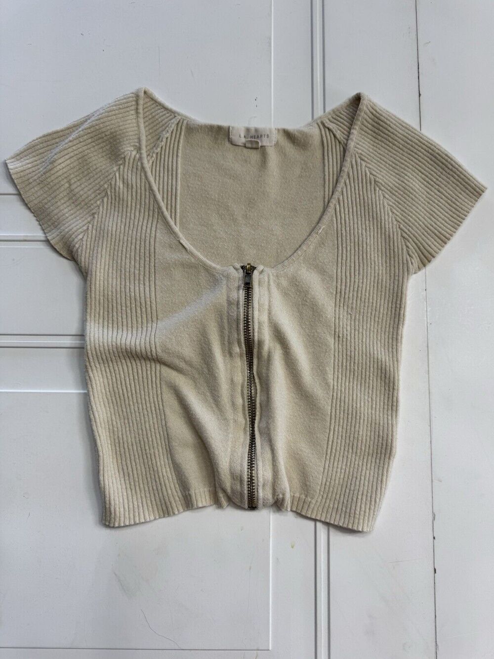 LA Hearts Womens Size S Tan Zip Up Short Sleeve Crop Top Shirt Blouse